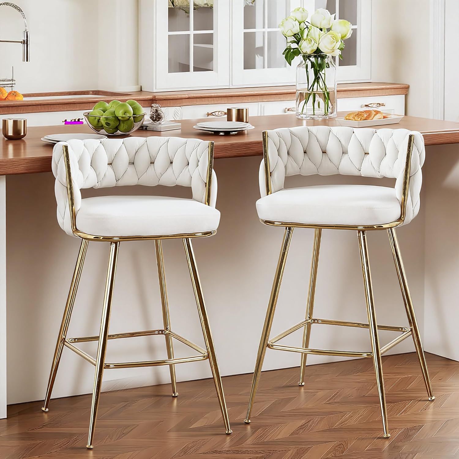 VECELO Bar Stools Set of 4, Counter Height Bar Stools, 26 inch Seat Barstools with Woven Back and Footrest for Kitchen Island Counter, White