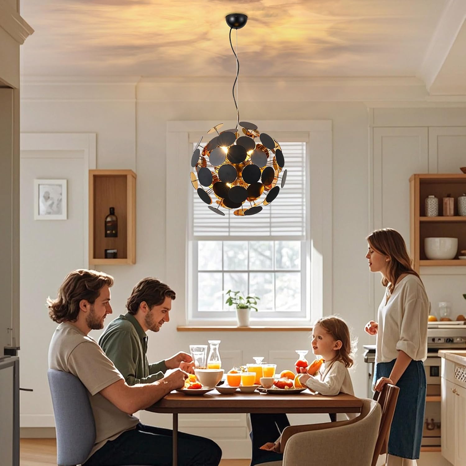 Art-Decor Modern Dandelion Chandeliers, Sputnik Firework Chandelier Light Fixture Pendant Lighting for Living Room Dining Room Bedroom Kitchen Shop, 6 Lights E12 Base, Black + Gold, ￠20”