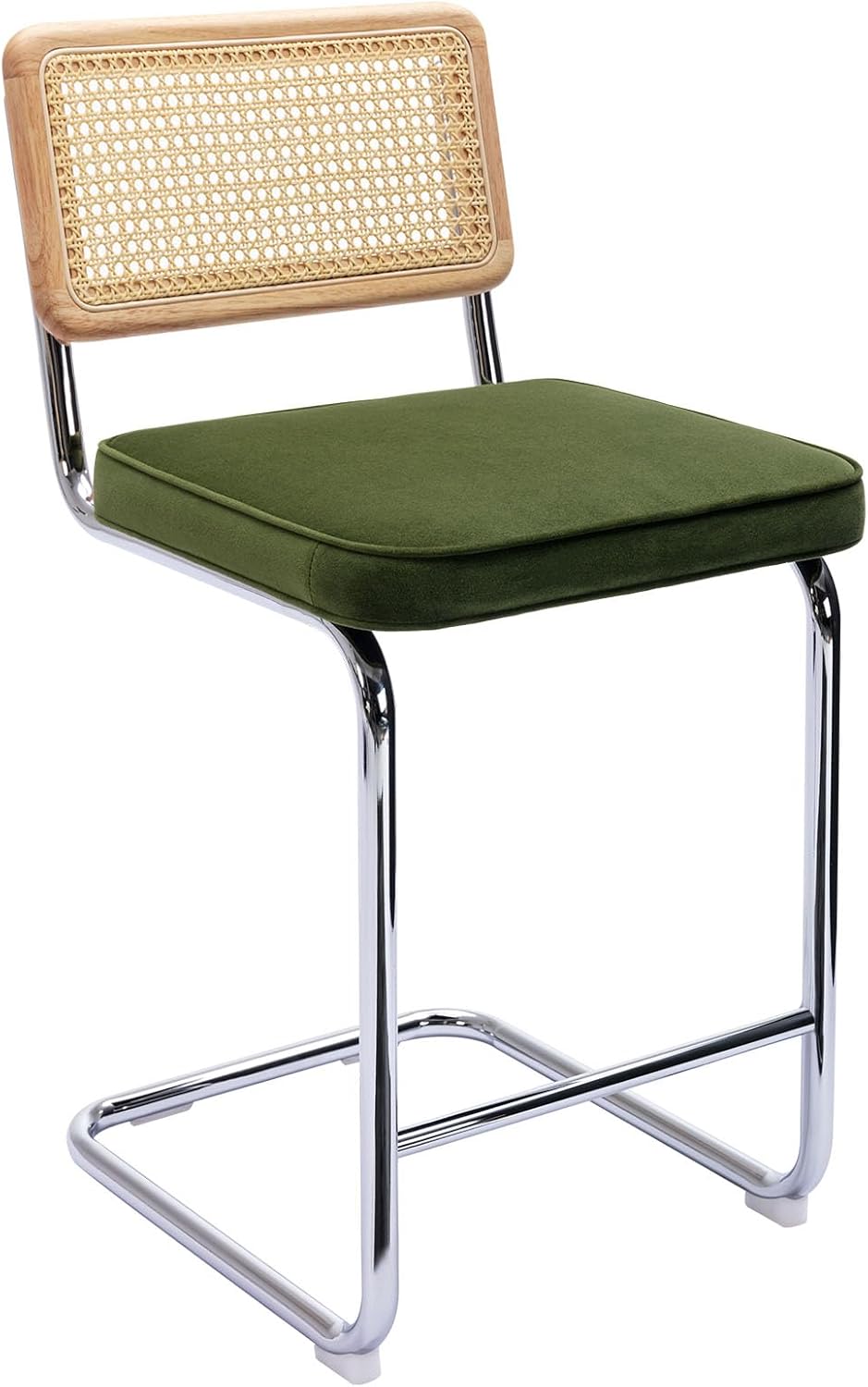 Zesthouse Natural Rattan Bar Stools Set of 2, 26'' Modern Boho Counter Height Barstools with Solid Wood Back, Mid Century Counter Stools with Velvet Cushion, Cane Back Island Chairs for Kitchen, Green