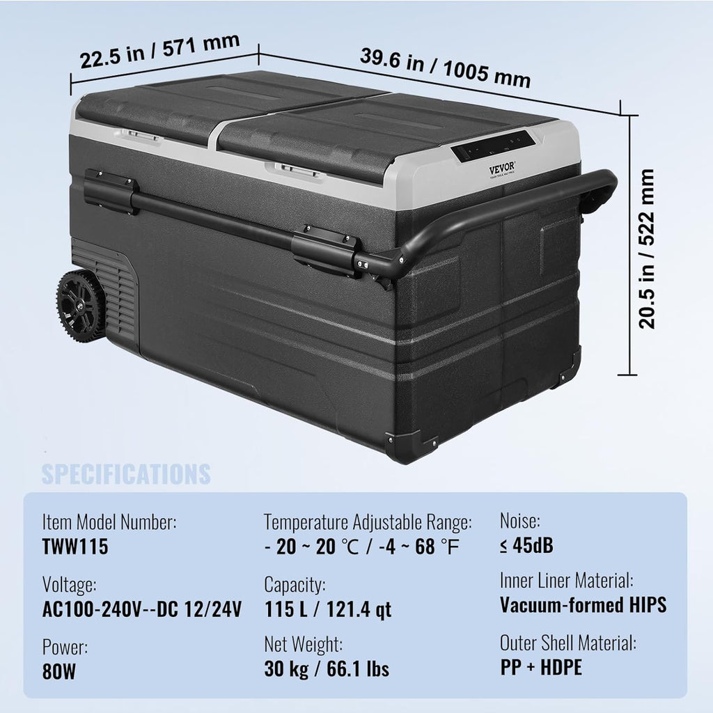 VEVOR Car Refrigerator 115L, Dual Zone Portable Freezer with Wheels & Handle, -4℉ to 68℉, 12/24V DC & 100-240V AC Compressor Cooler for Camping, Outdoor, RV