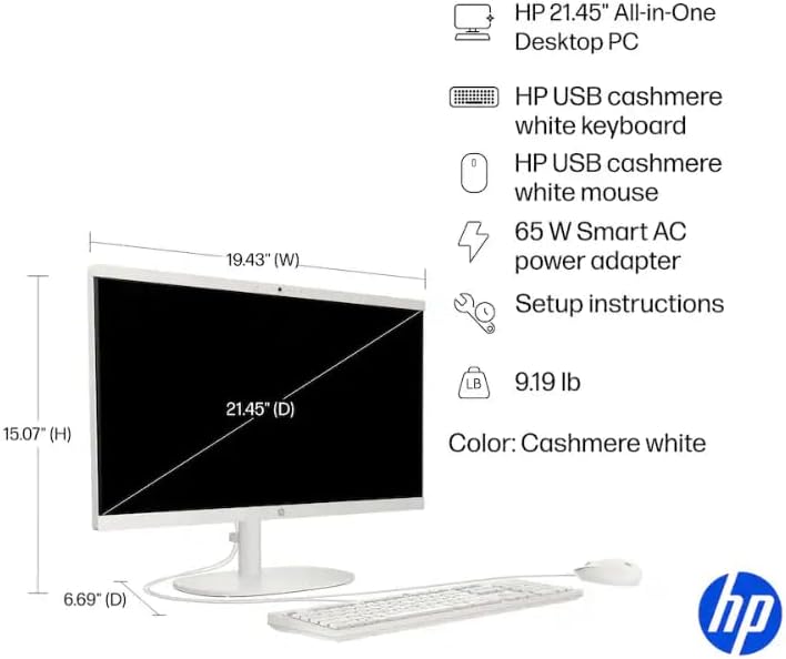 HP 22" All-in-One Desktop Computer, 8GB DDR5 RAM, 128GB UFS Storage,13th Gen Intel Quad-Core CPU, FHD VA Display, WiFi 6, Bluetooth 5.3, RJ45, USB-C (10Gbps), UHD Graphics, 720p Cam, Cashmere White