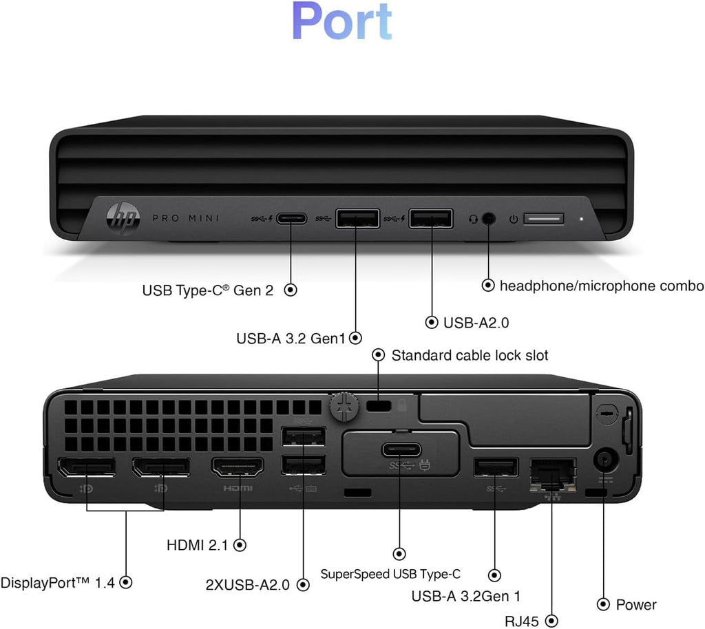 HP ProDesk 400 G9 mini PC, Intel Core i5-12400T, DDR4 RAM, PCIe SSD, Wi-Fi 6, triple display support, Windows 11 Pro