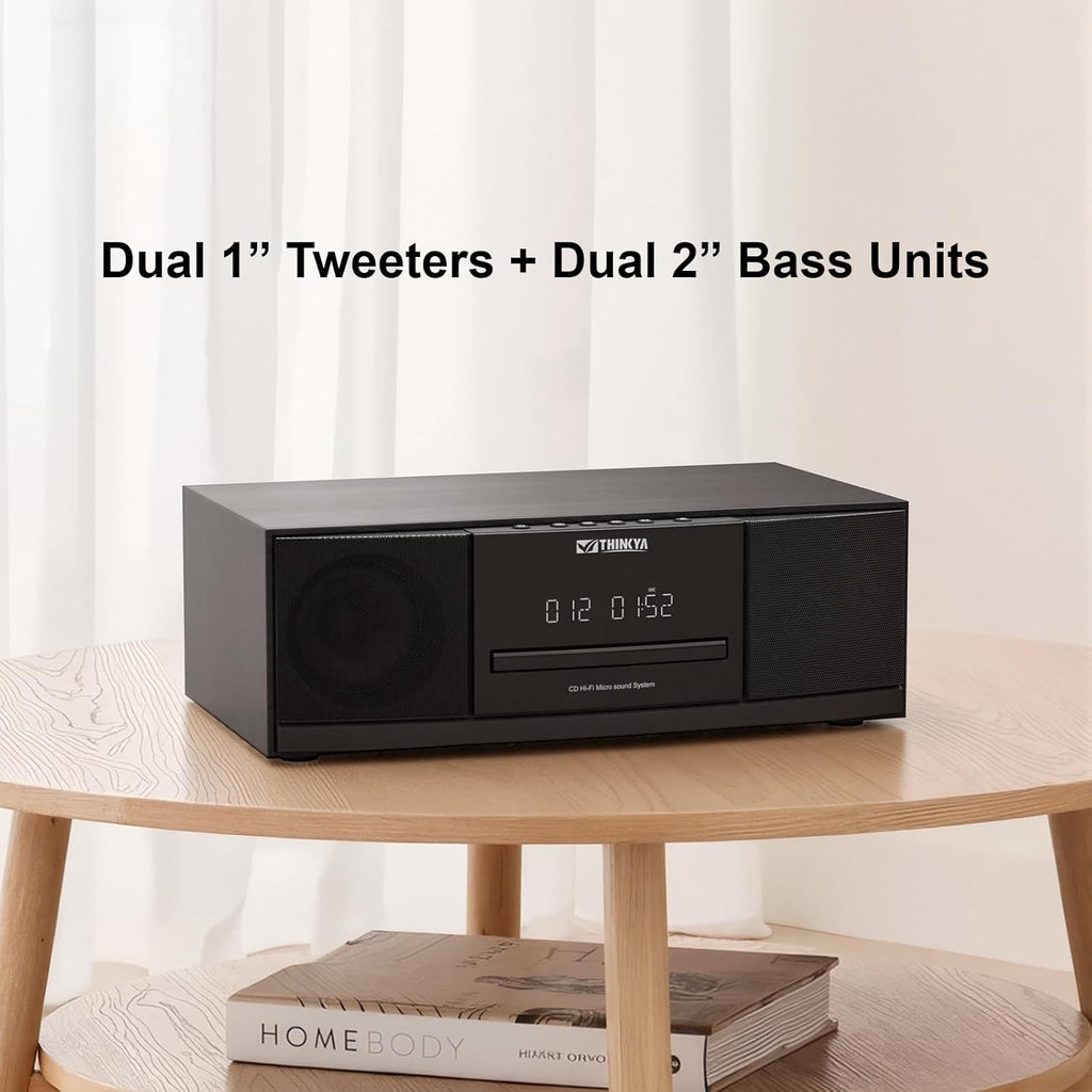 Vintage Bluetooth Stereo System for Home, THINKYA 36W RMS Micro HiFi Systems CD Player Dual 3” Bass with Bluetooth Audio Streaming, FM Radio, USB Port, Aux-in, Remote Control(NO Clock & Alarm)