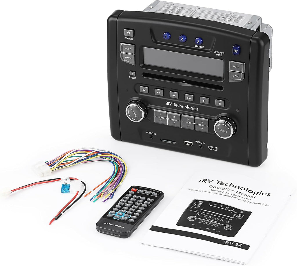 iRV Technology iRV34 AM/FM/CD/DVD/MP3/MP4 /USB/SD/HDMI/Digital2.1/Surround Sound/Bluetooth 3 Zones wall mount RV Radio Stereo