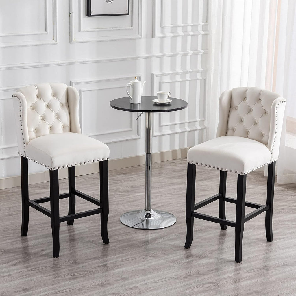 DUOMAY Modern Tufted Bar Stools Set of 2, 30" Bar Height Bar Chairs with Back, Velvet Kitchen Island Chair Barstools with Wood Legs for Dining Room Bar Coffee Shop, White