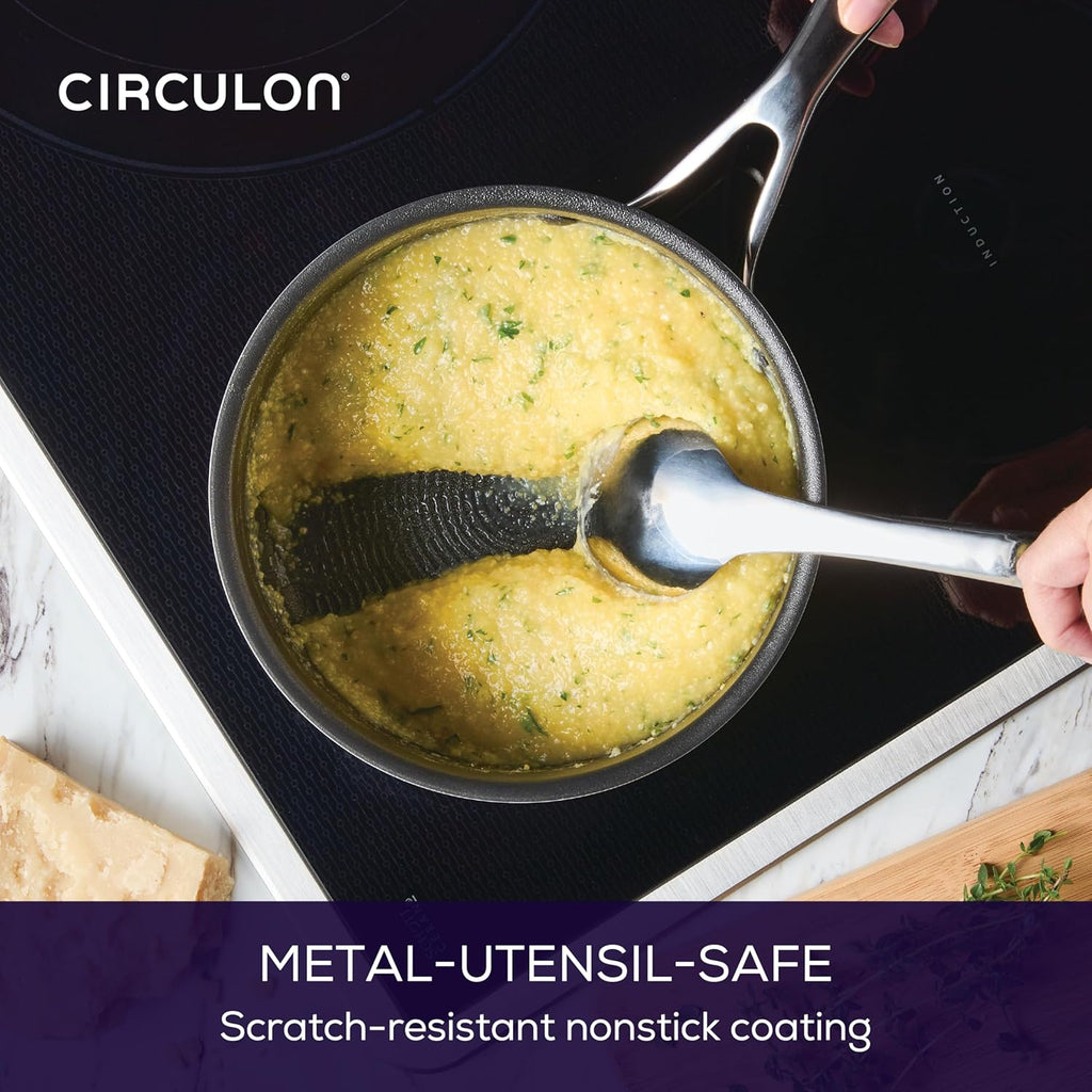 Circulon C1 Series Clad Stainless Steel with ScratchDefense Technology Cookware Nonstick Induction Saucepan with Lid, Metal Utensil Safe, 3 Quart - Polished Stainless Steel