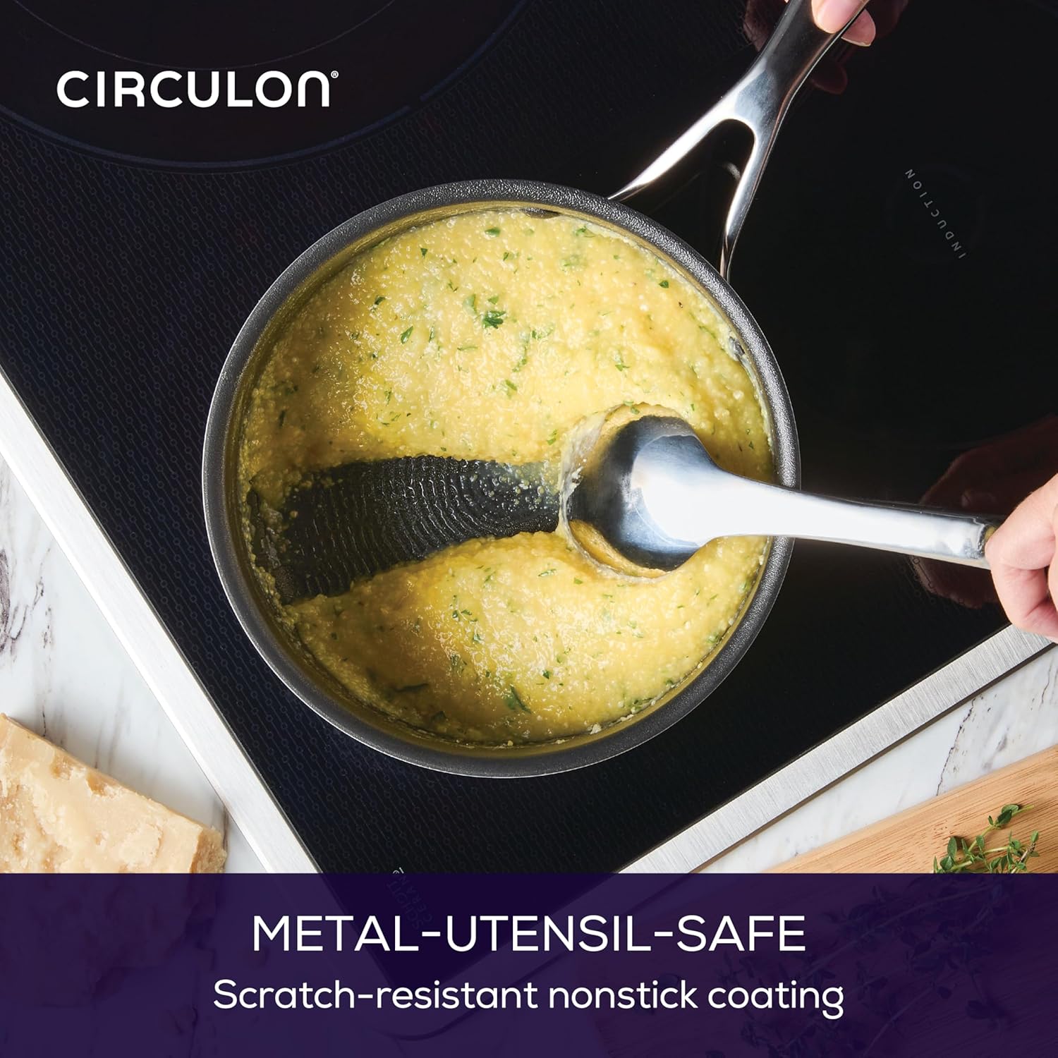 Circulon C1 Series Clad Stainless Steel with ScratchDefense Technology Cookware Nonstick Induction Saucepan with Lid, Metal Utensil Safe, 3 Quart - Polished Stainless Steel