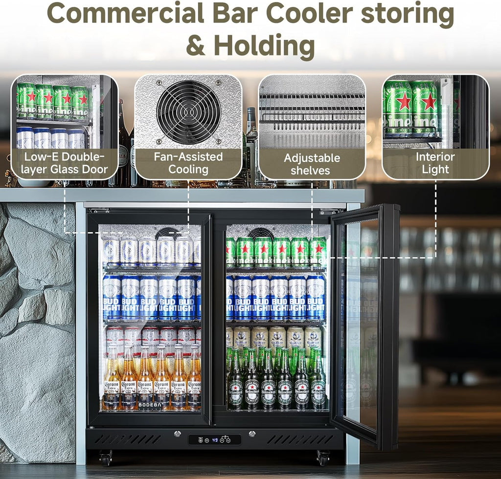BODEGACOOLER Back Bar Cooler with 2 Glass Doors,7.7 Cu.ft Commercial Bar Beverage Refrigerator Under Counter LED Lighting for Soda Drinks,Beer,Wine with Stainless Steel Top,DOE Approved,4 Casters
