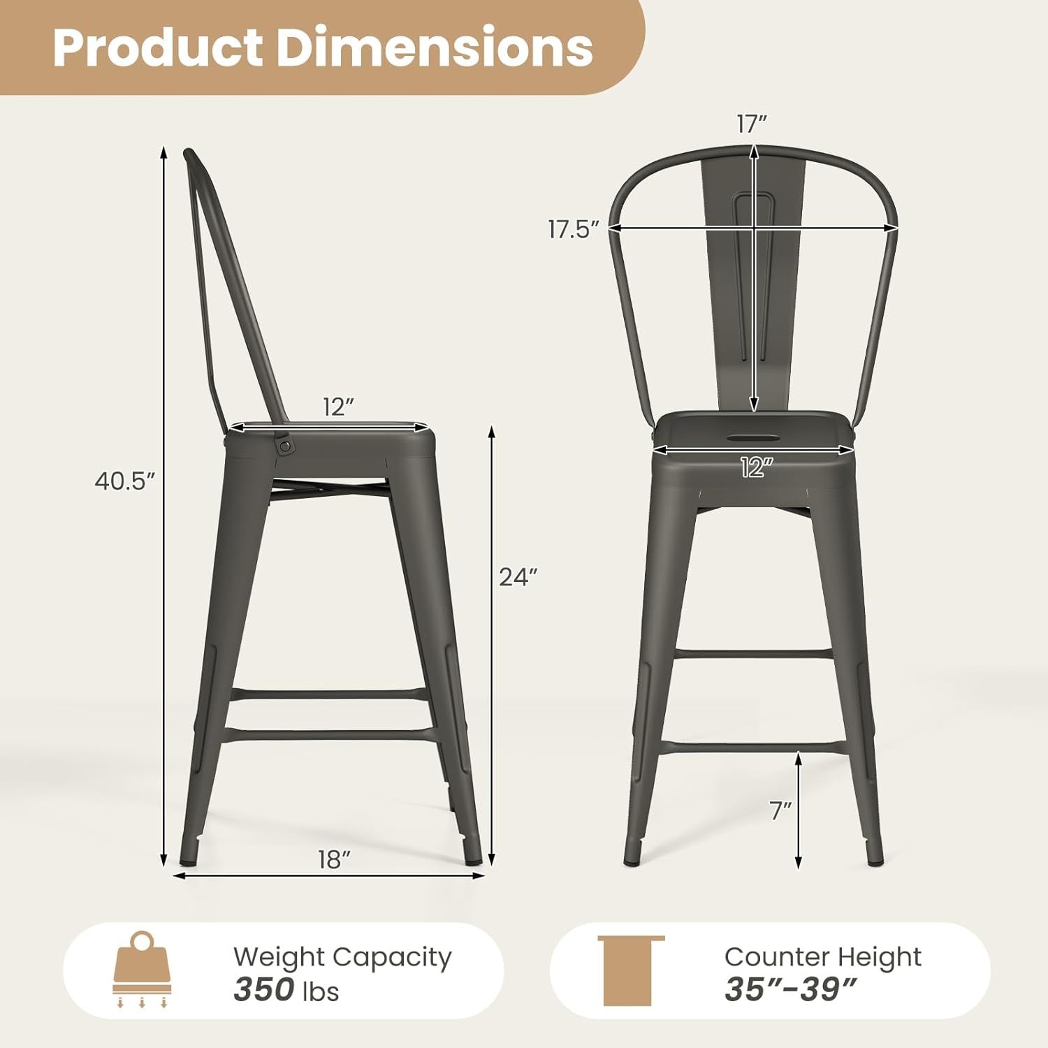 COSTWAY 24'' Metal Bar stools Set of 4, Counter Height Stools with Removable Back and Rubber Feet, Stylish and Modern Chairs, for Kitchen, Dining Rooms, and Side Bar, Gun