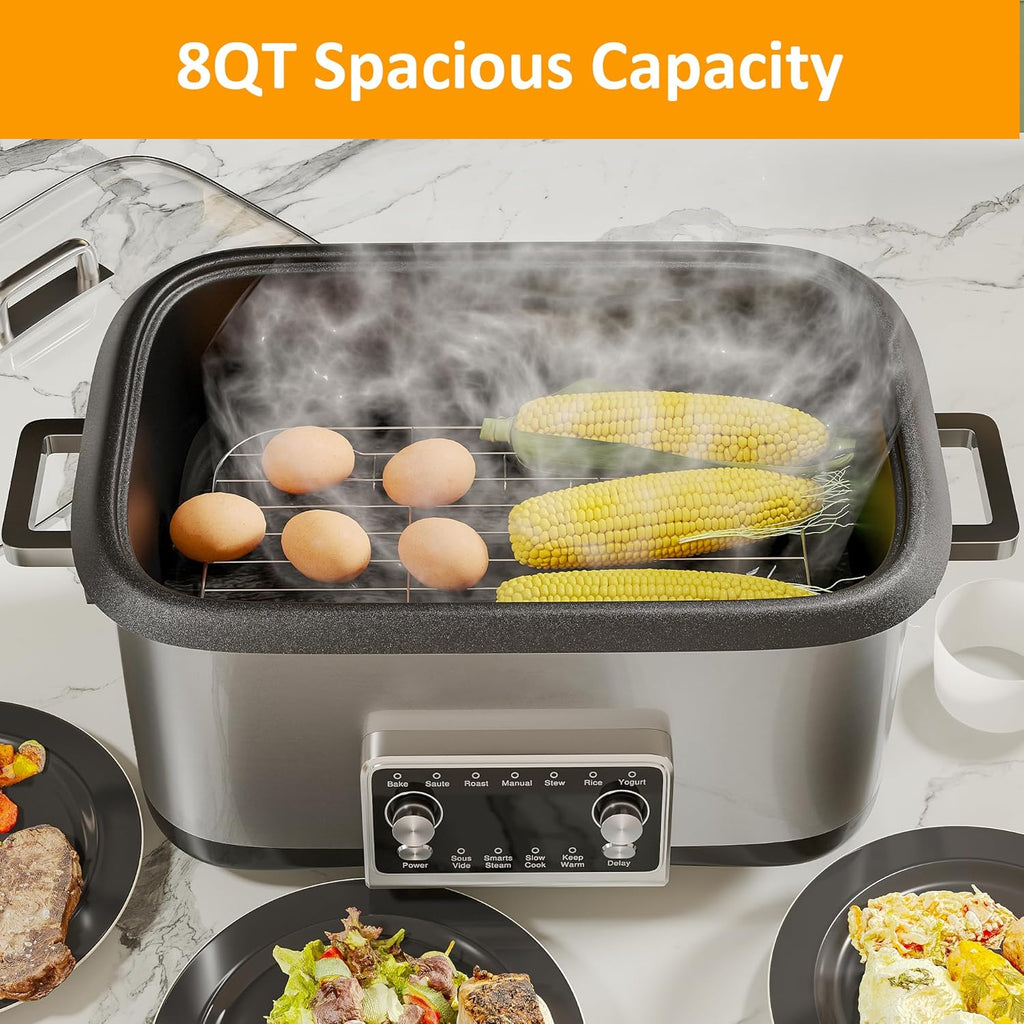 8 Quart 12-IN-1 Multi Cooker, Digital Programmable Slow Cooker with LED Display & Timer, 1250W Rice Cooker with Nonstick Inner Pot for Bake, Saute, Roast, Stew, Sous Vide, Dishwasher Safe, Silver