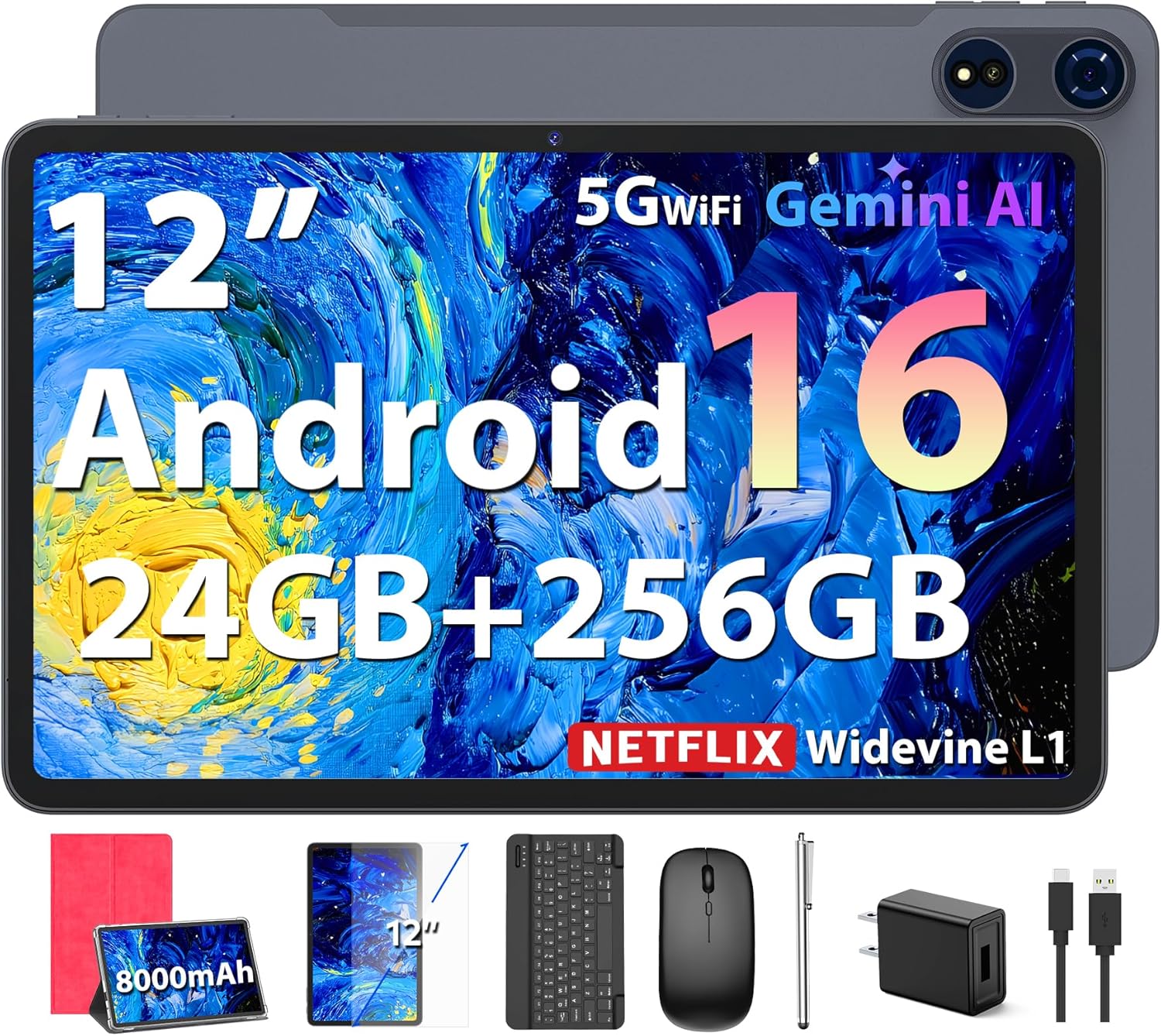 2026 Android 16 Tablet, 12 inch Tablet with Keyboard, 24GB+256GB+2TB Expand, Electronic Tablet PC with 2K Gemini AI, 8000mAh, Octa-Core, GMS, GPS, 2 in 1 Large Tablets with Case, Mouse, Stylus (Pink)