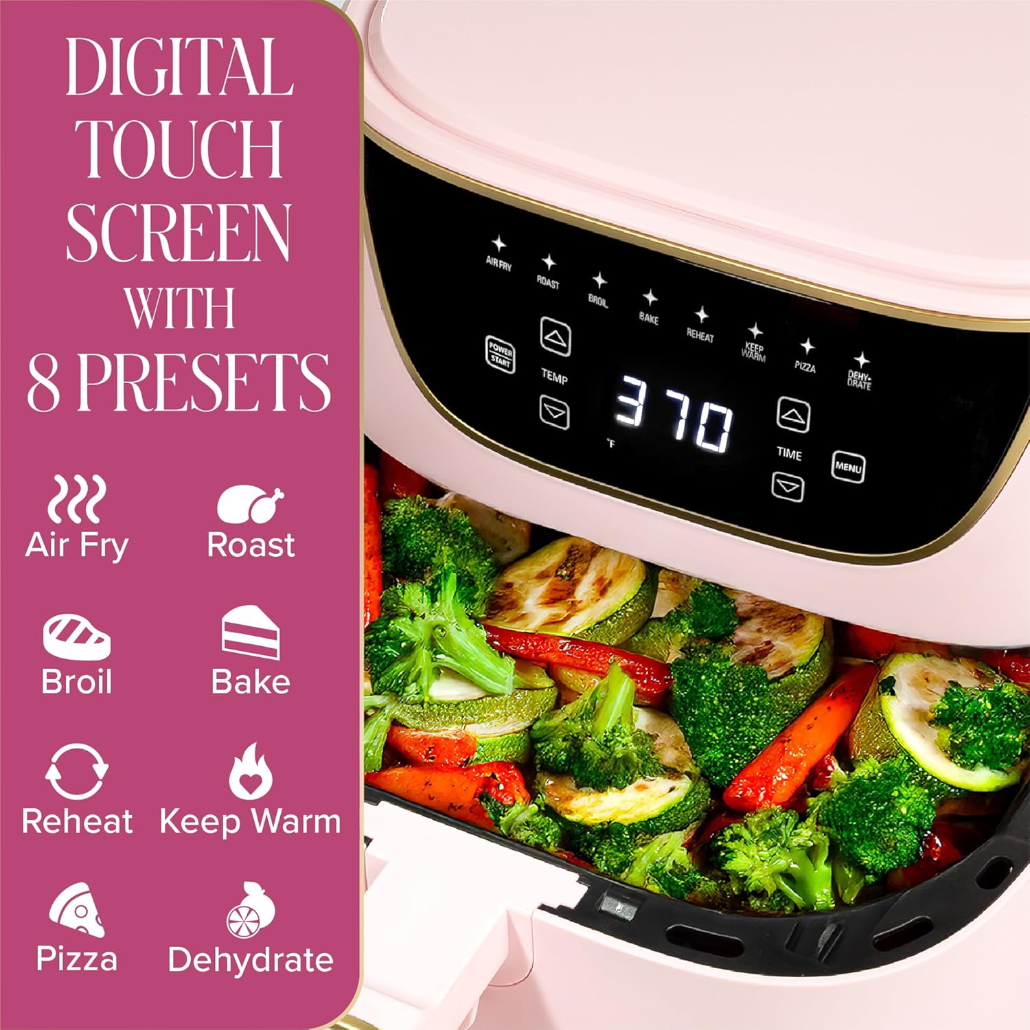 Paris Hilton 6-Quart Air Fryer, Nonstick Basket Made Without PFAS, Touchscreen, 8-in-1 (Fry, Roast, Broil, Bake, Reheat, Keep Warm, Pizza, Dehydrate), Dishwasher Safe Basket and Crisping Tray, Pink