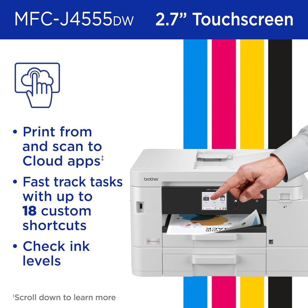 Brother INKvestment 4555 Wireless Color Inkjet All-in-One Printer with 2.7” Color Touchscreen and 2 Paper Trays | Includes Refresh Subscription Trial(1) (MFC-J4555DW)