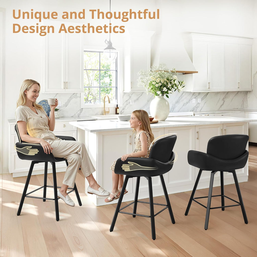 LUE BONA 26" Swivel Bar Stools Set of 4, Counter Height Bar Stools with Backrest and Arms, Modern Upholstered Barstools with Metal Legs for Kitchen Island, Black