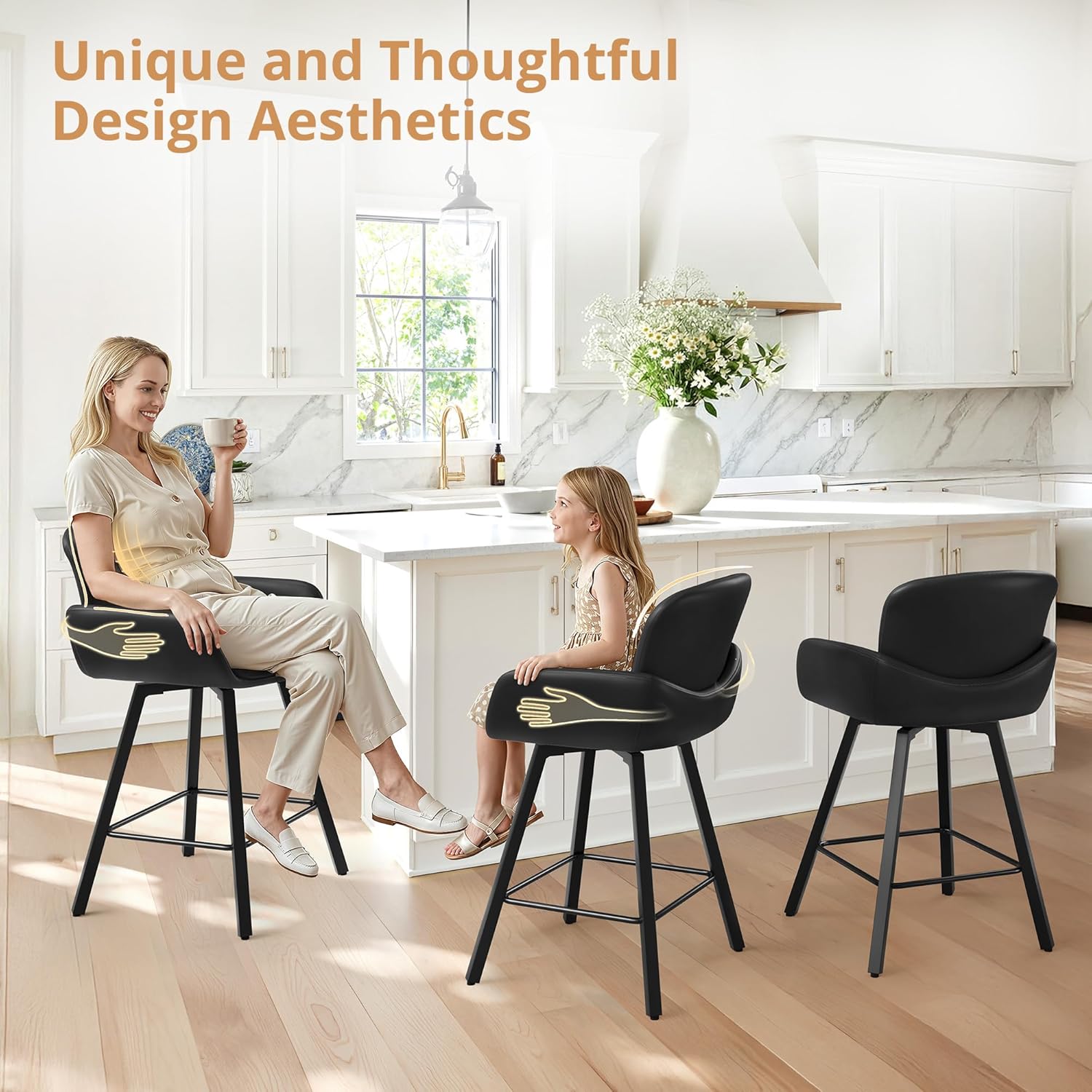 LUE BONA 26" Swivel Bar Stools Set of 4, Counter Height Bar Stools with Backrest and Arms, Modern Upholstered Barstools with Metal Legs for Kitchen Island, Black
