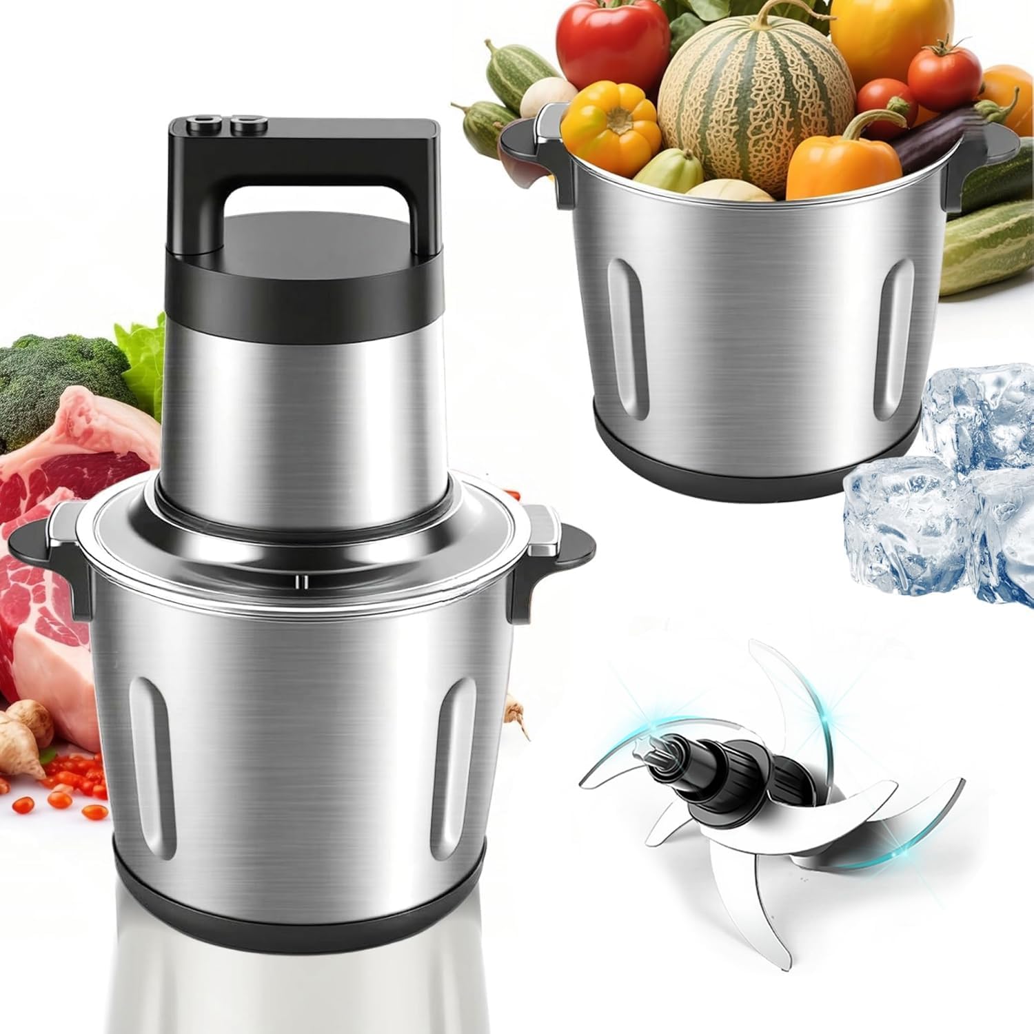 Food Processor 6L Large Capacity,1200W Heavy Duty Electric Meat Grinder for Frozen Meat,Vegetable and Nuts with 3-Layer Blades & Stainless Steel Bowl,Dishwasher Safe,for Family BBQ(6L/25CUP)
