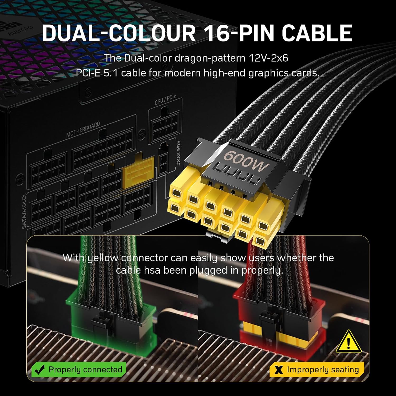 1000W Fully Modular Power Supply, 80+ Gold Certified PSU, ATX 3.1 & PCIe 5.1 Ready, 12V-2x6 Native Connector, 140mm RGB Low-Noise Smart Fan, 105℃ Japanese Capacitors, Black