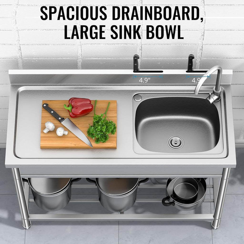 Stainless Steel Utility Sink, Kitchen Sink with Countertop Workstation, Free Standing Single Bowl with Cold and Hot Water Pipe for Laundry Room Garage Work Shop Indoor Outdoor Basement (39 Inch)