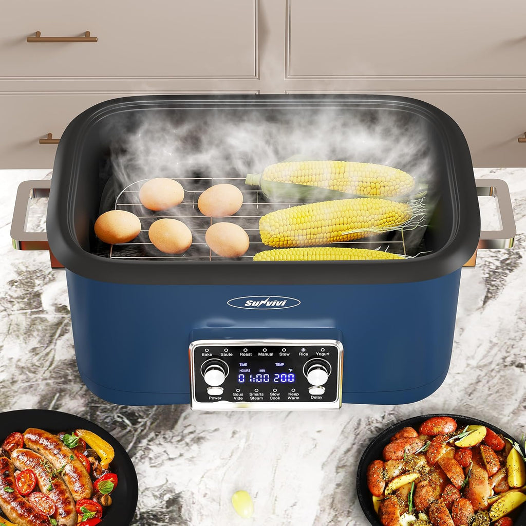 Sunvivi 8 Quart Slow Cooker Roaster Oven, 12 in 1 Programmable Multi-Cooker Food Warmer with Digital Timer, Temp Control, Removable Cast Aluminum Pot & Dishwasher-Safe Tempered Glass Lid, Blue
