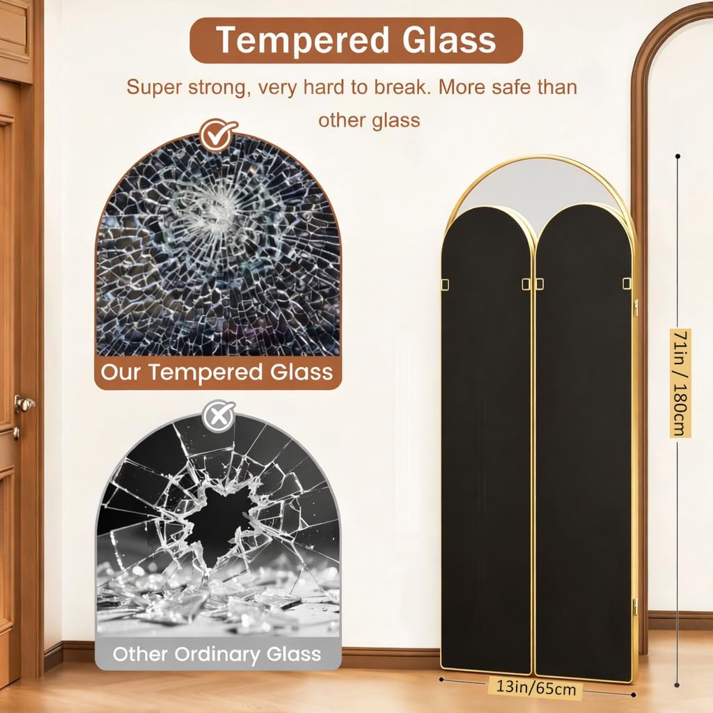 3 Way Arched Full Length Mirror Free Standing, 71"x 52" Large Modern Trifold Mirror with 3 Panel Tempered Glass & Metal Frame, for Dressing Room, Bridal Shop,Clothing Store (Gold, 71"L x 52"W)