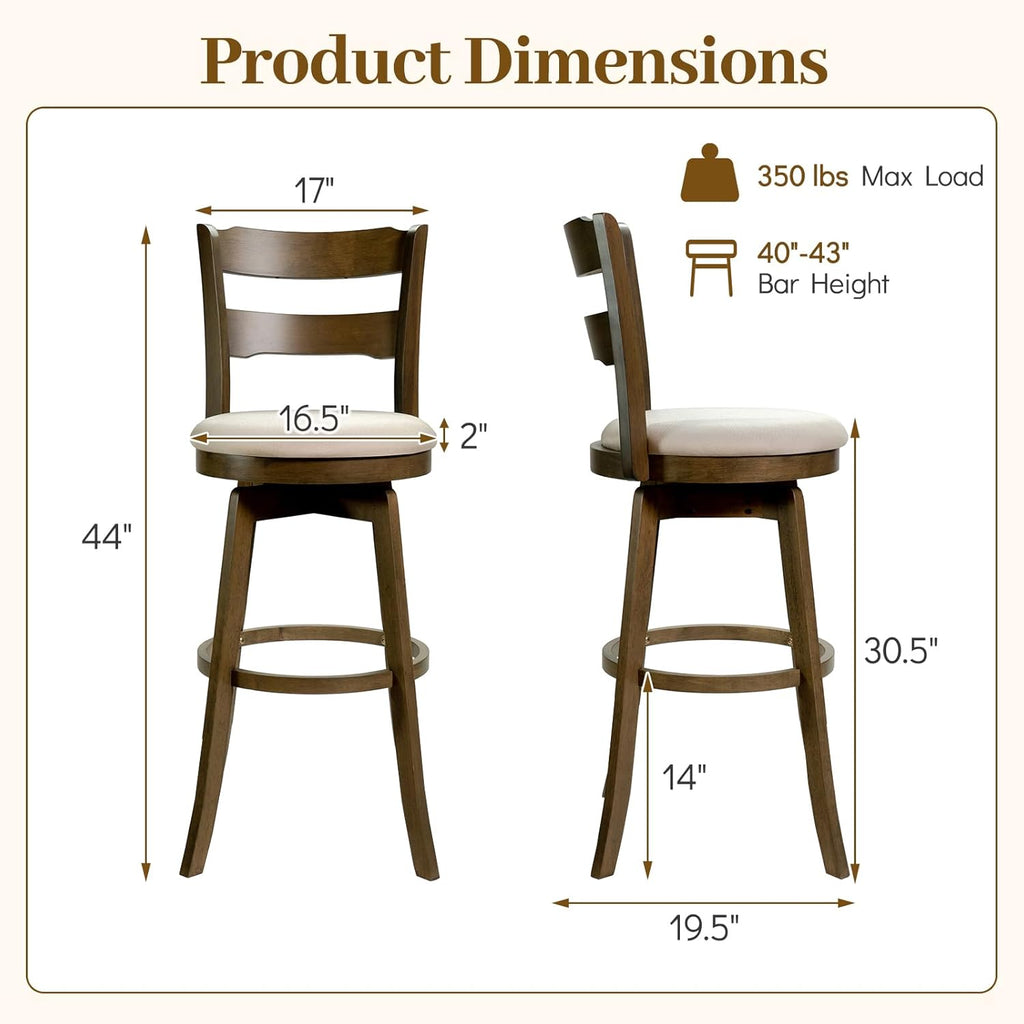 COSTWAY 30.5” Swivel Barstools Set of 2, 360° Rotating Bar Height Chairs with Backrest & Upholstered Seat, Rubber Wood High Top Seats with Footrest for Kitchen Island (2,30.5")