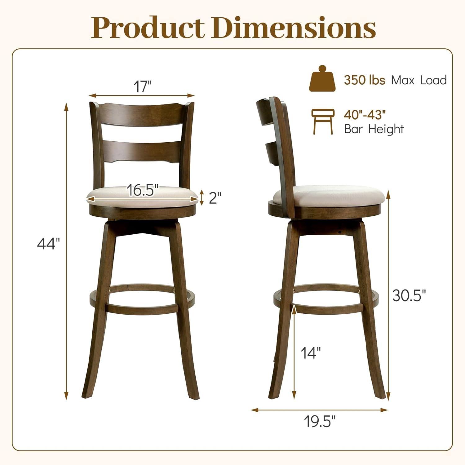COSTWAY 30.5” Swivel Barstools Set of 2, 360° Rotating Bar Height Chairs with Backrest & Upholstered Seat, Rubber Wood High Top Seats with Footrest for Kitchen Island (2,30.5")