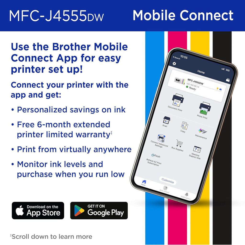 Brother INKvestment 4555 Wireless Color Inkjet All-in-One Printer with 2.7” Color Touchscreen and 2 Paper Trays | Includes Refresh Subscription Trial(1) (MFC-J4555DW)