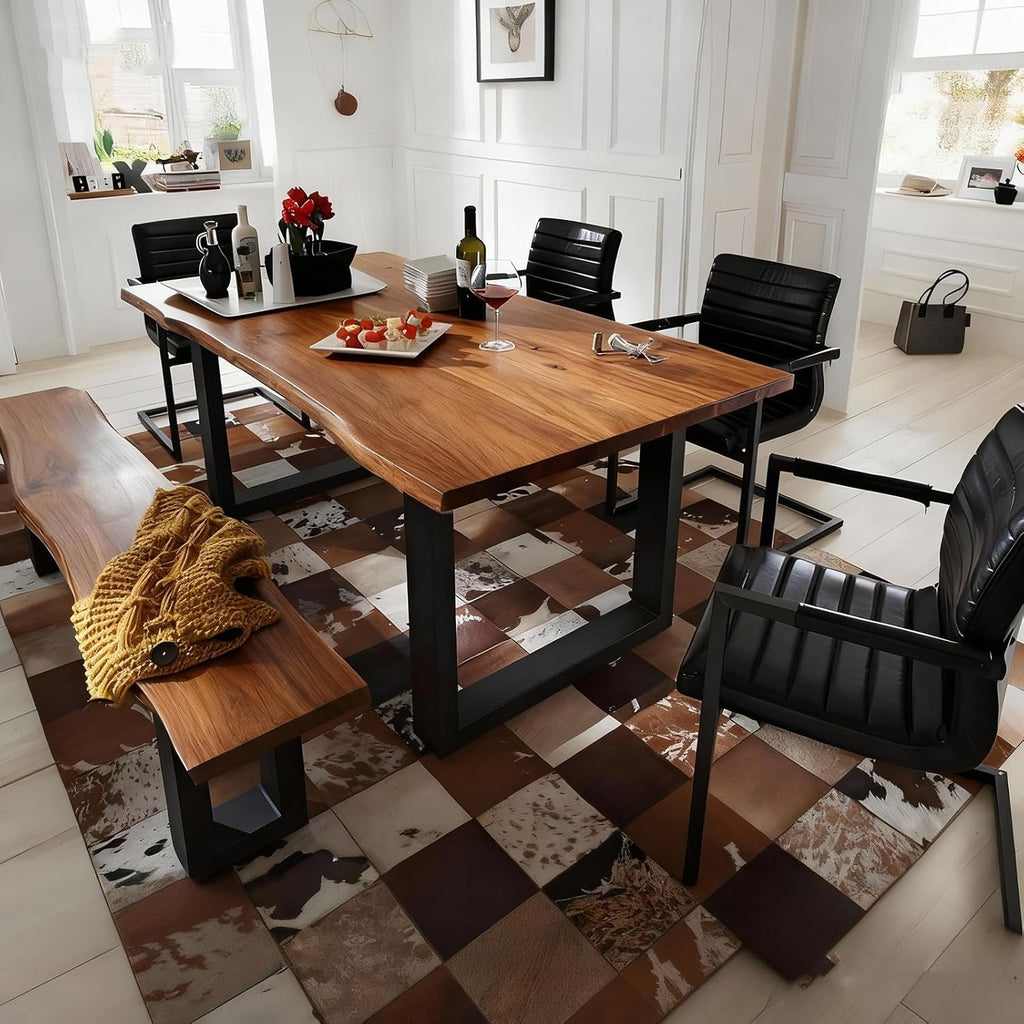 Industrial Solid Wood Dining Table,2" Solid Wood Top,Live Edge Style Kitchen Table for 4-8 People,Farmhouse Dining Room Table for Home, Restaurant or Coffee Shop