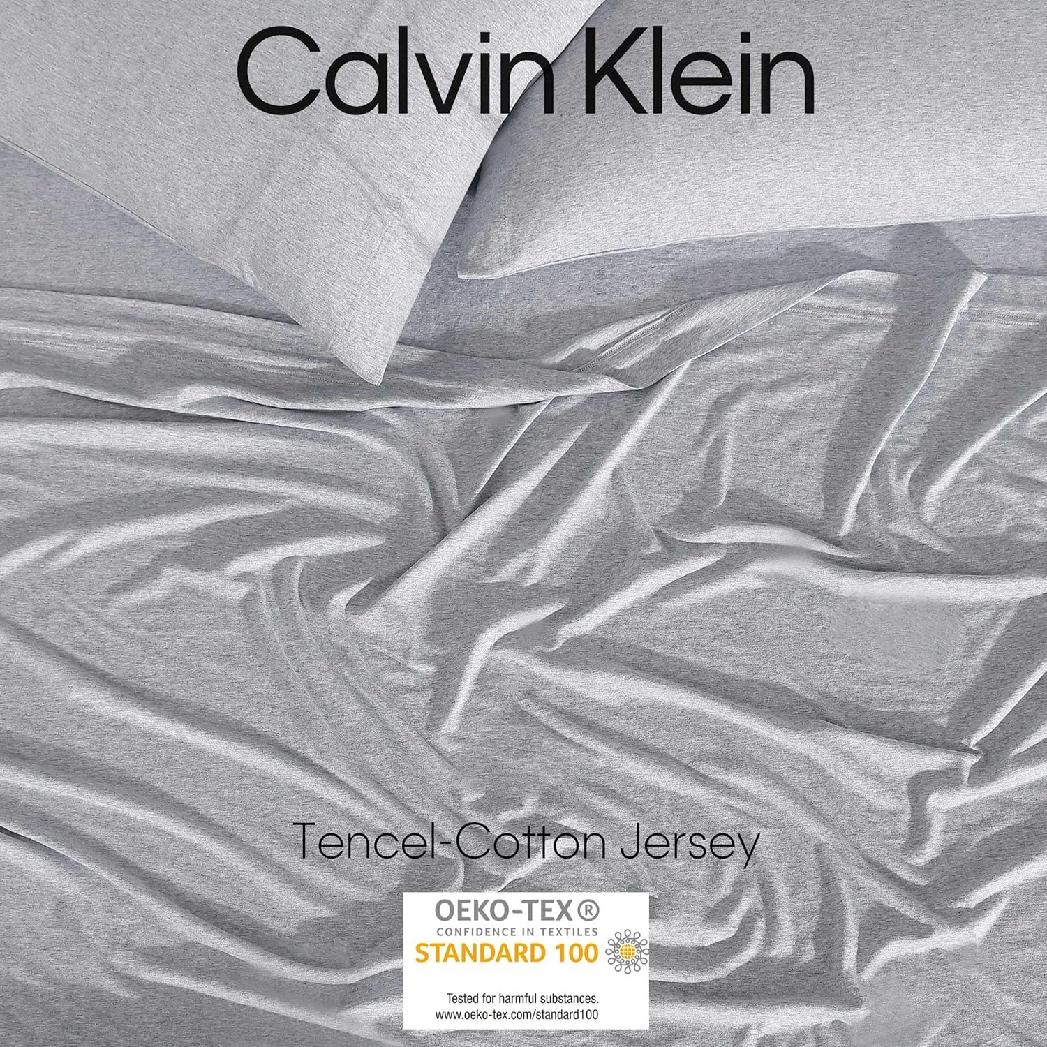 Calvin Klein - Queen Size Sheets Set, Naturally Soft Cotton-Blend Melange Jersey Bedding - Bed Sheets with Matching Pillowcases & Fitted Sheet (Modern Cotton Grey/Blue)