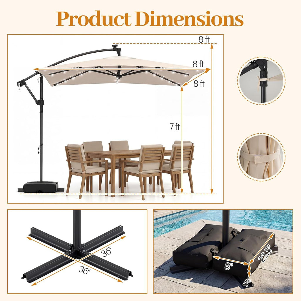 Tangkula 8x8 FT Solar Patio Umbrella with Base Included, Square Offset Cantilever Outdoor Umbrella with 32 LED Lights, 360 Degree Rotation, Crank Handle, 2 Sandbags, 8 Ribs, Air Vent for Pool Deck Garden Backyard