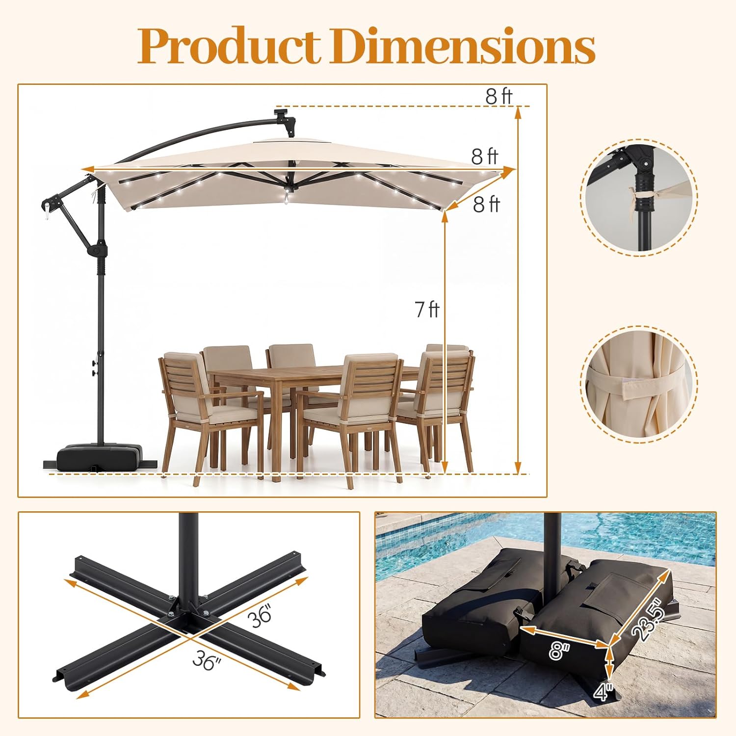 Tangkula 8x8 FT Solar Patio Umbrella with Base Included, Square Offset Cantilever Outdoor Umbrella with 32 LED Lights, 360 Degree Rotation, Crank Handle, 2 Sandbags, 8 Ribs, Air Vent for Pool Deck Garden Backyard