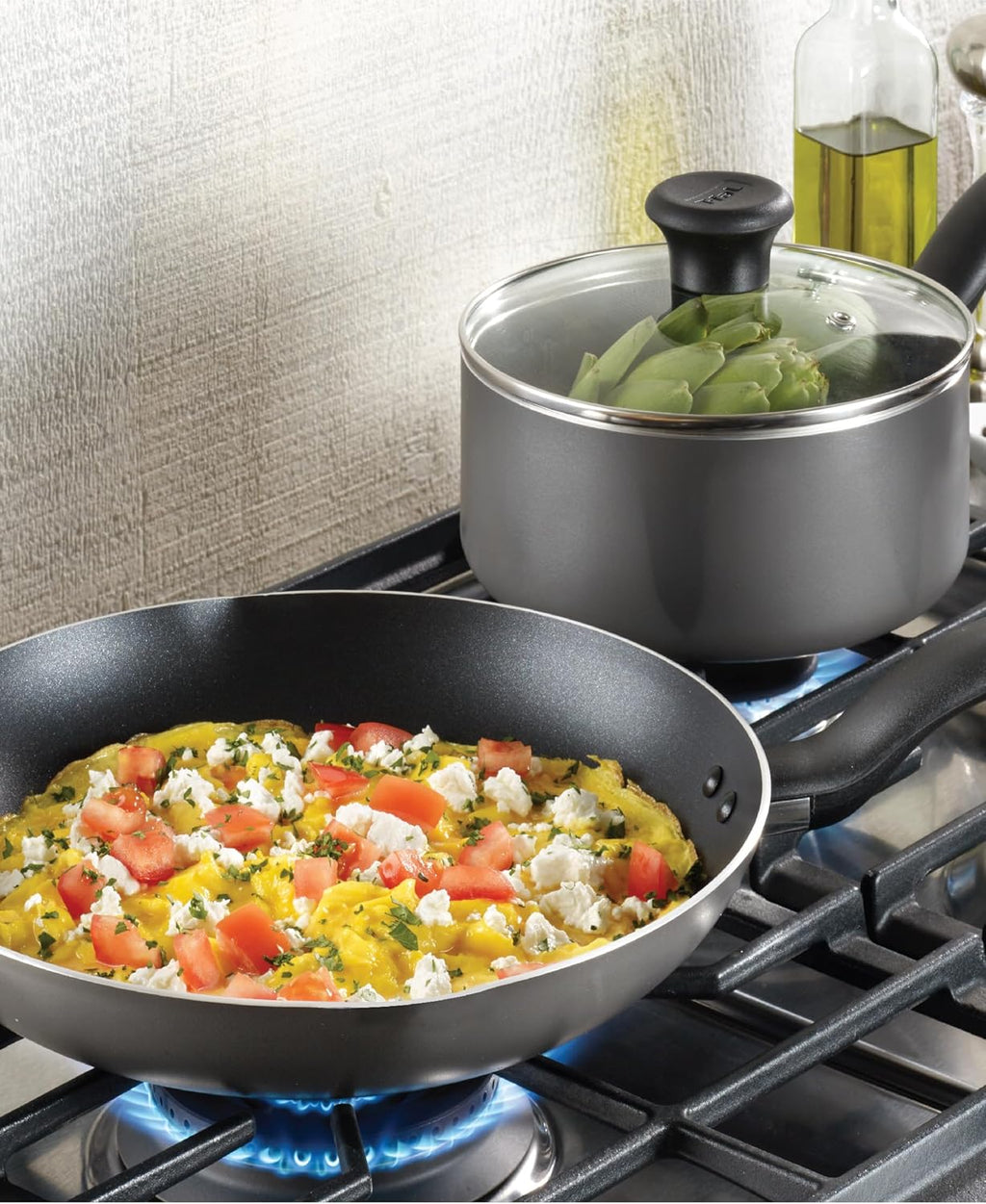 T-fal Initiatives Nonstick Cookware Set 18 Piece, Oven Broiler Safe 350F, Kitchen Cooking Set w/Fry Pans, Saucepans, Stockpots, Skillet, Spoons, Lids Pots and Pans Set, Dishwasher Safe, Stone Grey