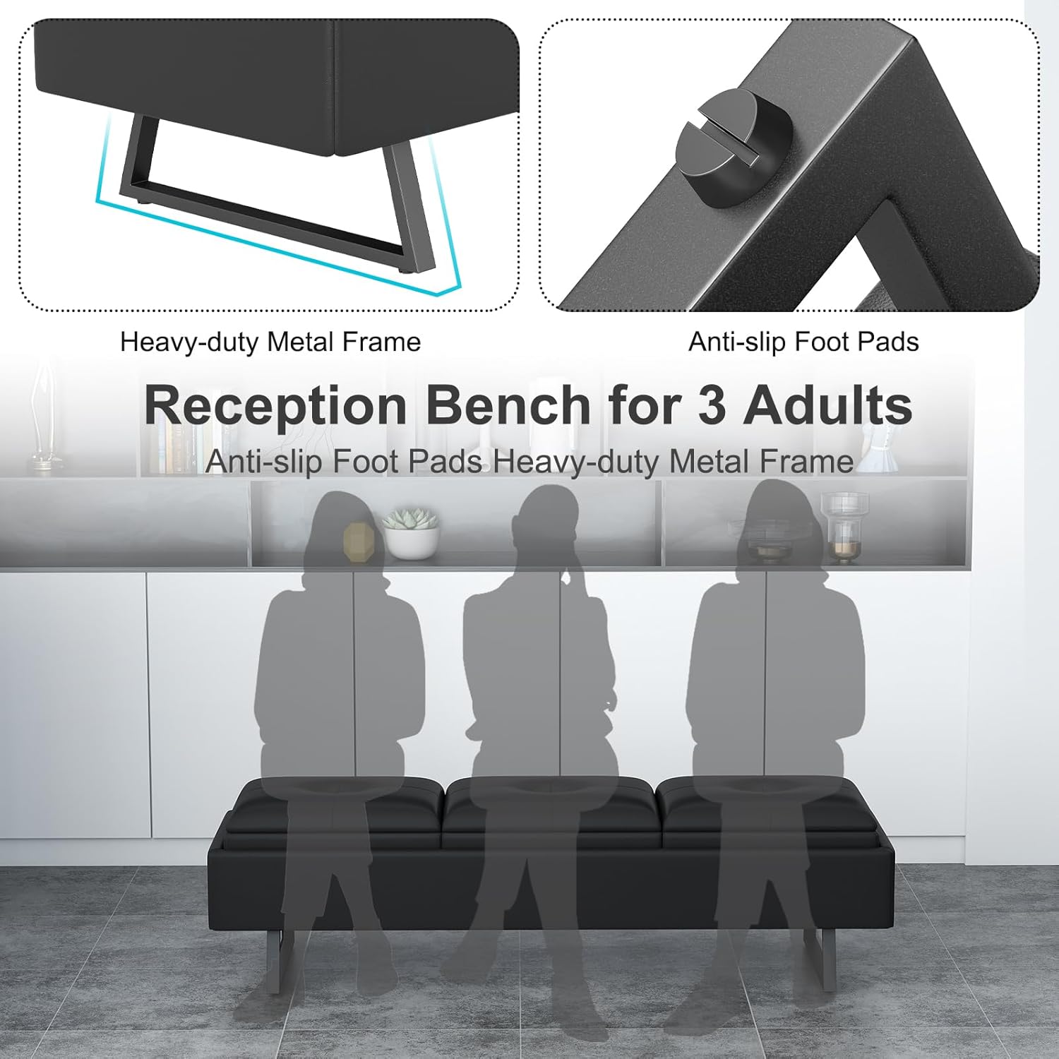 MOTION Leather Bench Waiting Room Chairs - 3 Seat Office Guest Reception Bench with Cushion, Upholered Waiting Room Seating, Office Furniture Lobby Chairs for Salon, Shop, Set of 3, Black
