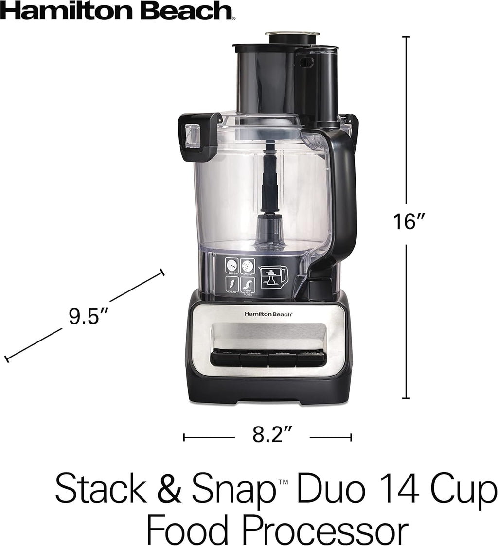 Hamilton Beach Stack & Snap Food Processor and Vegetable Chopper, Stainless Steel Blades, 14 Cup + 4-Cup Mini Bowls, 3-Speed 500 Watt Motor, Black (70585)