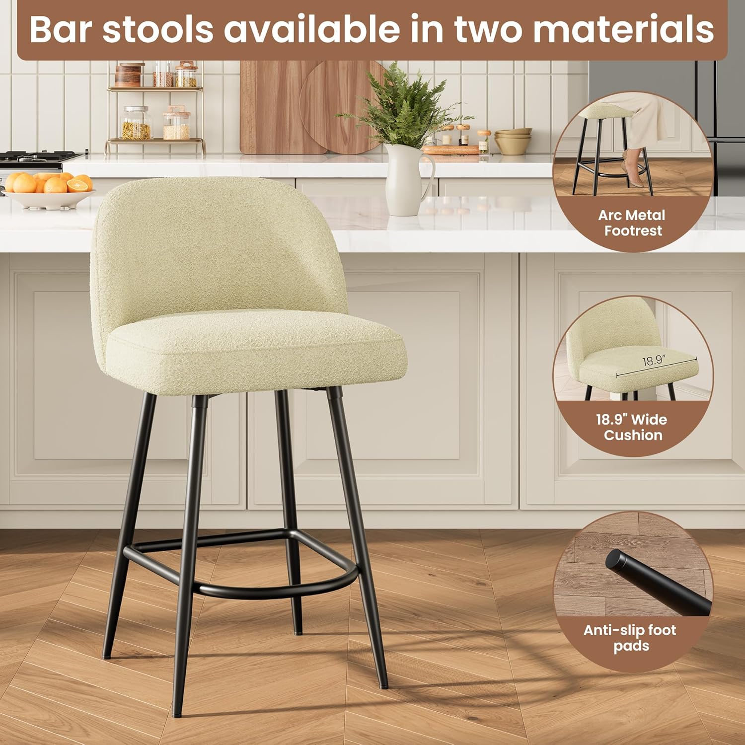 GarveeHome 26" Modern Upholstered Barstools with Backs and Metal Legs, Counter Height Bar Stools Set of 4, Faux Sherpa High Chairs with Arc Metal Footrest for Kitchen Island, Beige