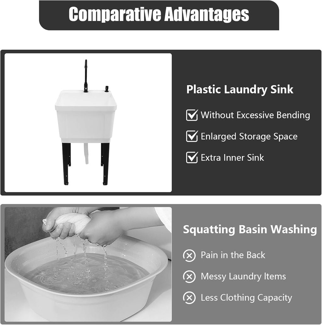 Freestanding Utility Sink, Utility Sink Extra-Deep Laundry Tub, Freestanding Plastic Utility Sink Laundry Tub Sink for Basement, Laundry Room, Garage or Shop (White)