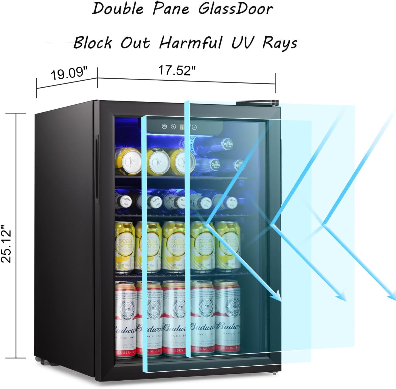 Antarctic Star Beverage Refrigerator Cooler-95 Can Mini Fridge Glass Door for Soda Beer Wine Stainless Steel Glass Door Small Drink Dispenser Digital Display for Home, Office Bar,2.4cu.ft