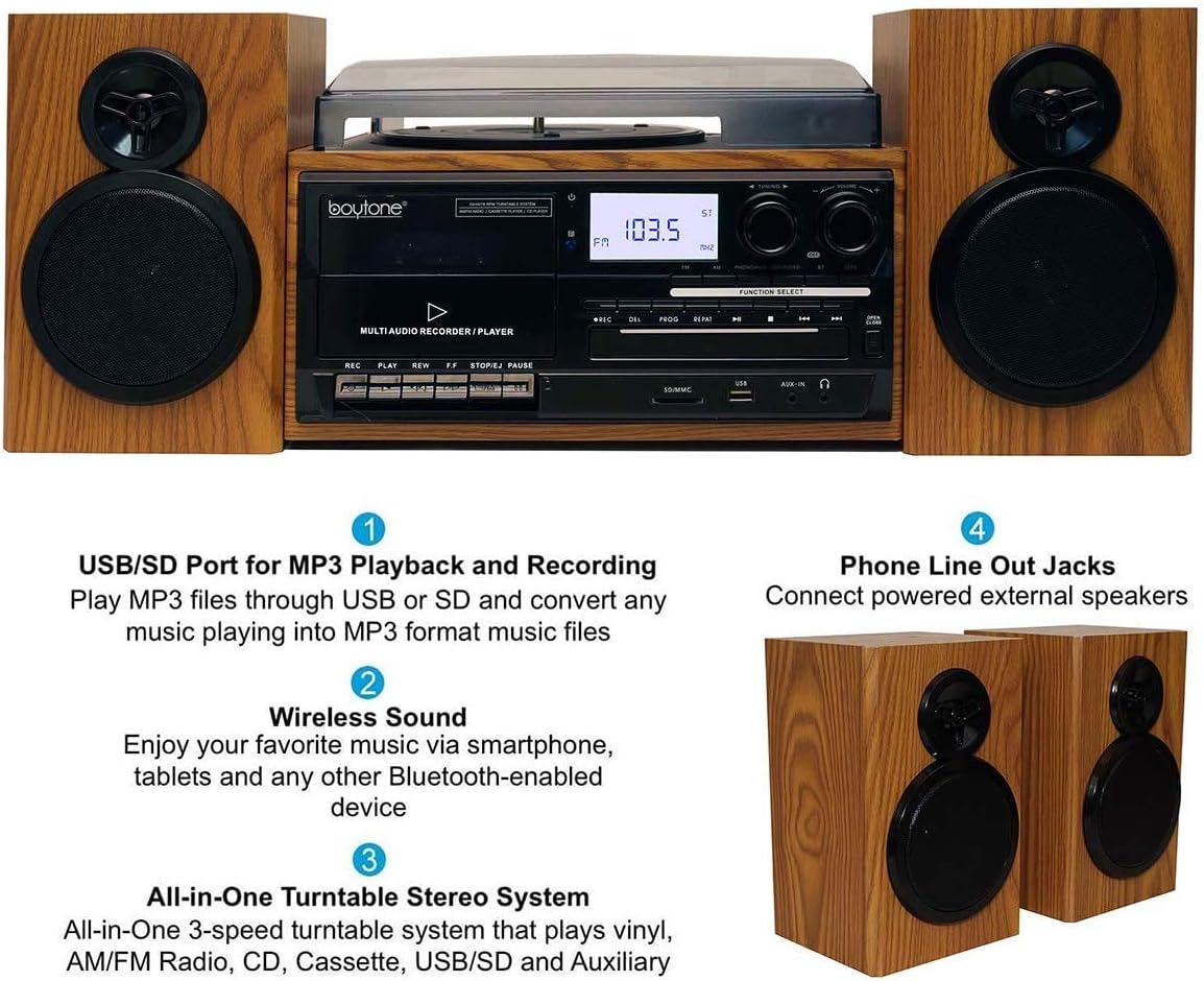 Boytone BT-28SPW Bluetooth Classic Record Player Turntable All-in-One with AM/FM Radio, CD/Cassette Player, 2 Separate Stereo Speakers, Record from Vinyl, Radio, and Cassette to MP3, SD slot, USB, AUX