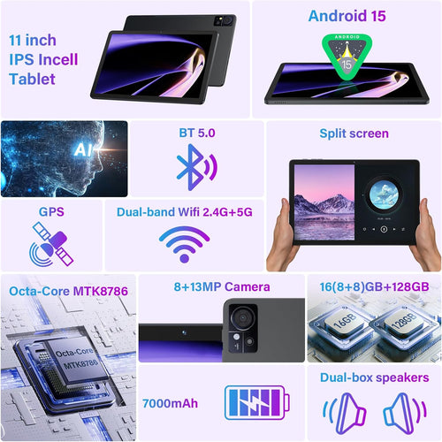 11 Inch-Android 15 Tablet 2026 Latest Update 16GB RAM 128GB ROM 1TB Expandion 5G WiFi Cellular 21MP Dual Camera Octa-core MTK8786.Gemini AI 2.0.Tablets with Keyboard,Mouse,protective film,Case-Gray
