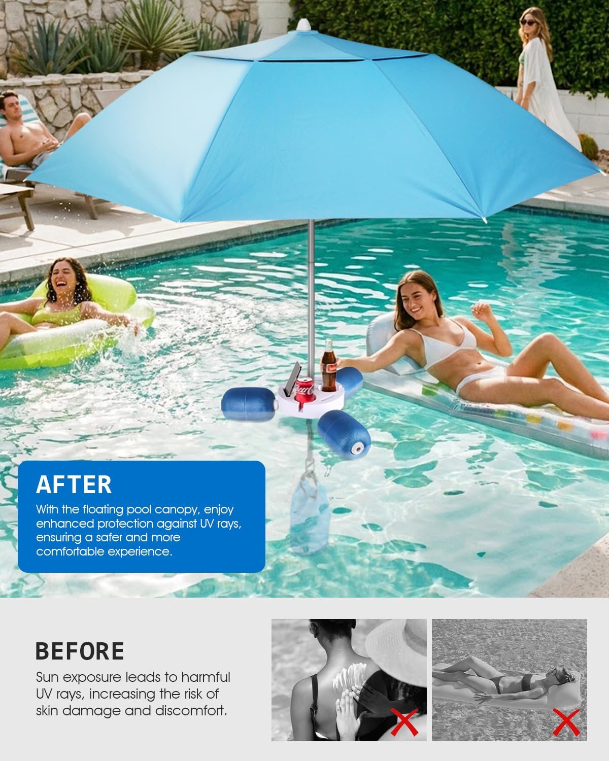 Floating Pool Umbrella 6.6ft - Portable UV Sun Shade Canopy with 3 Drink Holders, Stability Anchor Bag & Secure Floating Design - In-Water Use for Swimming Pools, Lakes, Beach and Outdoor Leisure