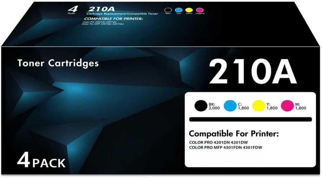 210A Toner Cartridges 4-Pack Set | Compatible for 210A W2100A 210X High Yield Toner W2100X for Color Pro 4201dn 4201dw Pro MFP 4301fdn 4301fdw Printer Ink | Black Cyan Yellow Magenta (with Chip)