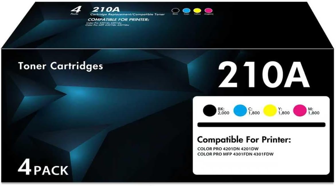 210A Toner Cartridges 4-Pack Set | Compatible for 210A W2100A 210X High Yield Toner W2100X for Color Pro 4201dn 4201dw Pro MFP 4301fdn 4301fdw Printer Ink | Black Cyan Yellow Magenta (with Chip)