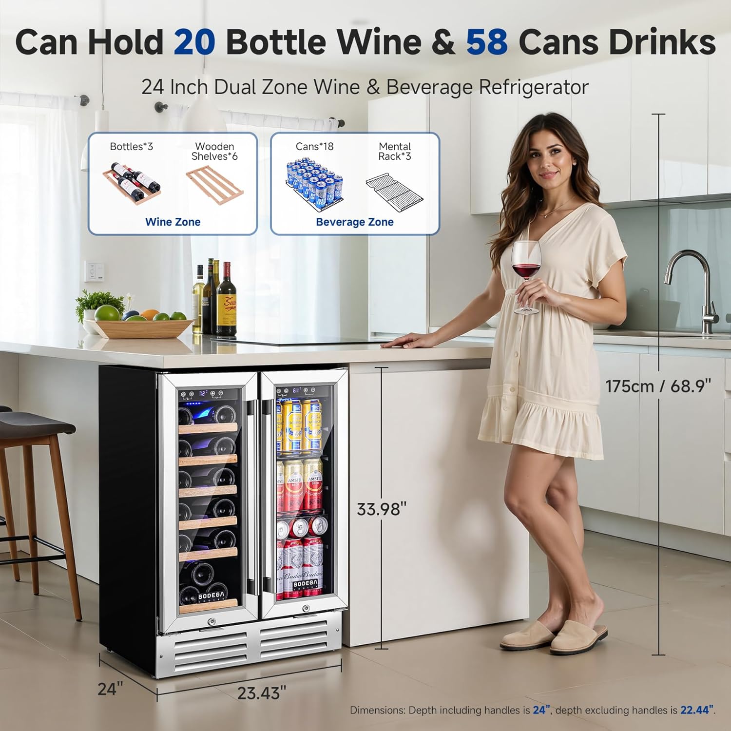 BODEGA COOLER Wine and Beverage Refrigerator, 24 Inch Dual Zone Wine Fridge, Holds 20 Bottles and 74 Count, French Doors, Under-counter or Freestanding Wine Cooler, Beverage Fridge with Tempered Glass