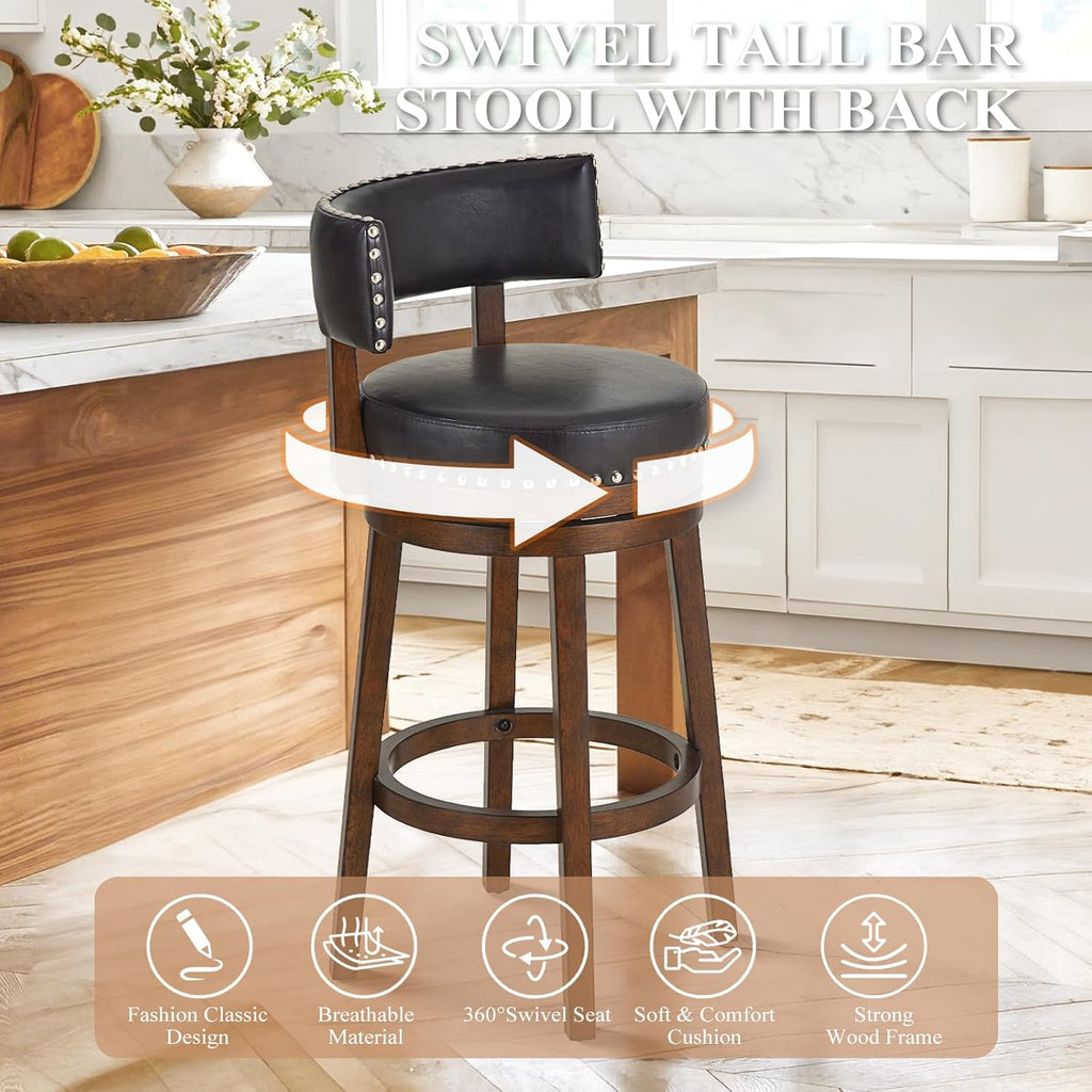 COLAMY Swivel Bar Stools Set of 4, 30 Inch Swivel Counter Height Stools, Modern Upholstered Wooden Barstools with Back for Kitchen Island Dining Room Bar, Dark Brown