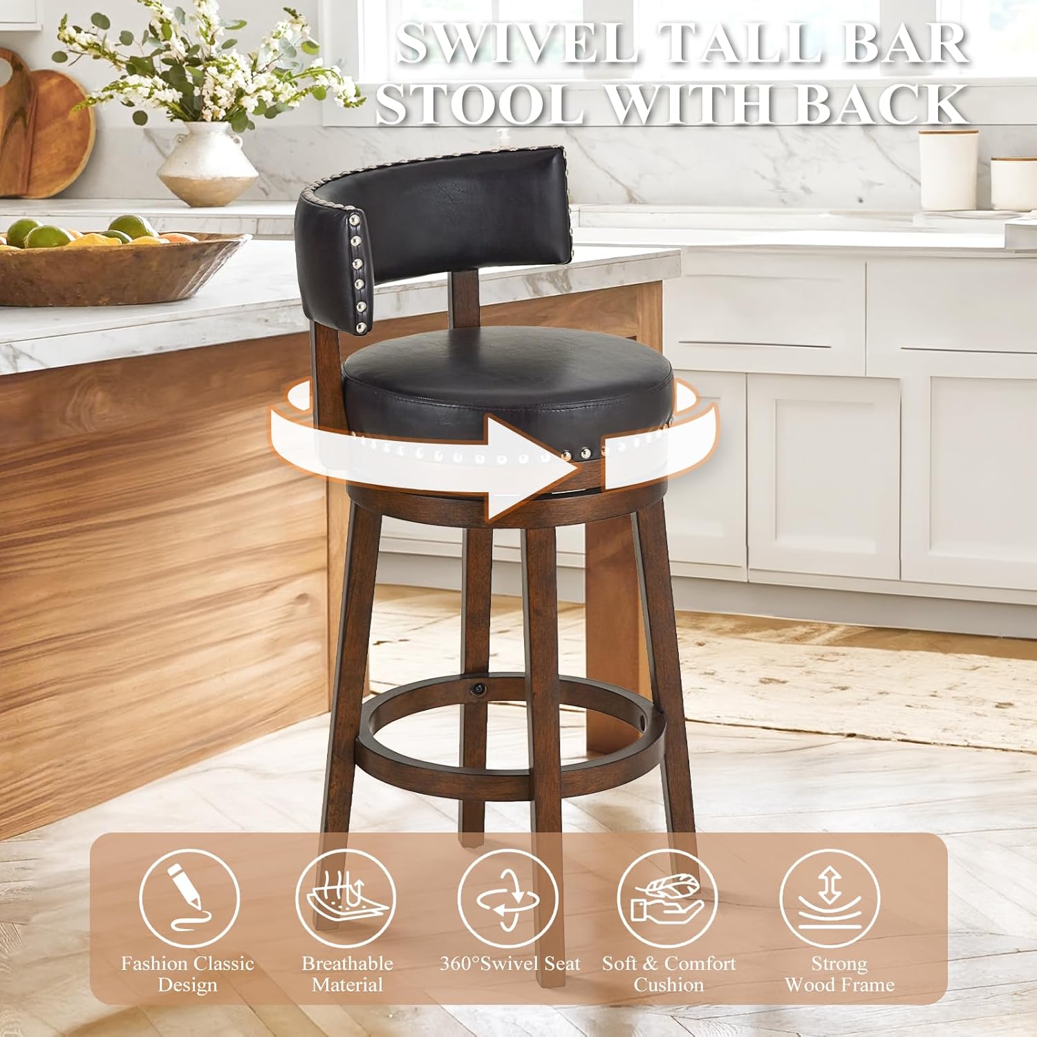 COLAMY Swivel Bar Stools Set of 4, 30 Inch Swivel Counter Height Stools, Modern Upholstered Wooden Barstools with Back for Kitchen Island Dining Room Bar, Dark Brown