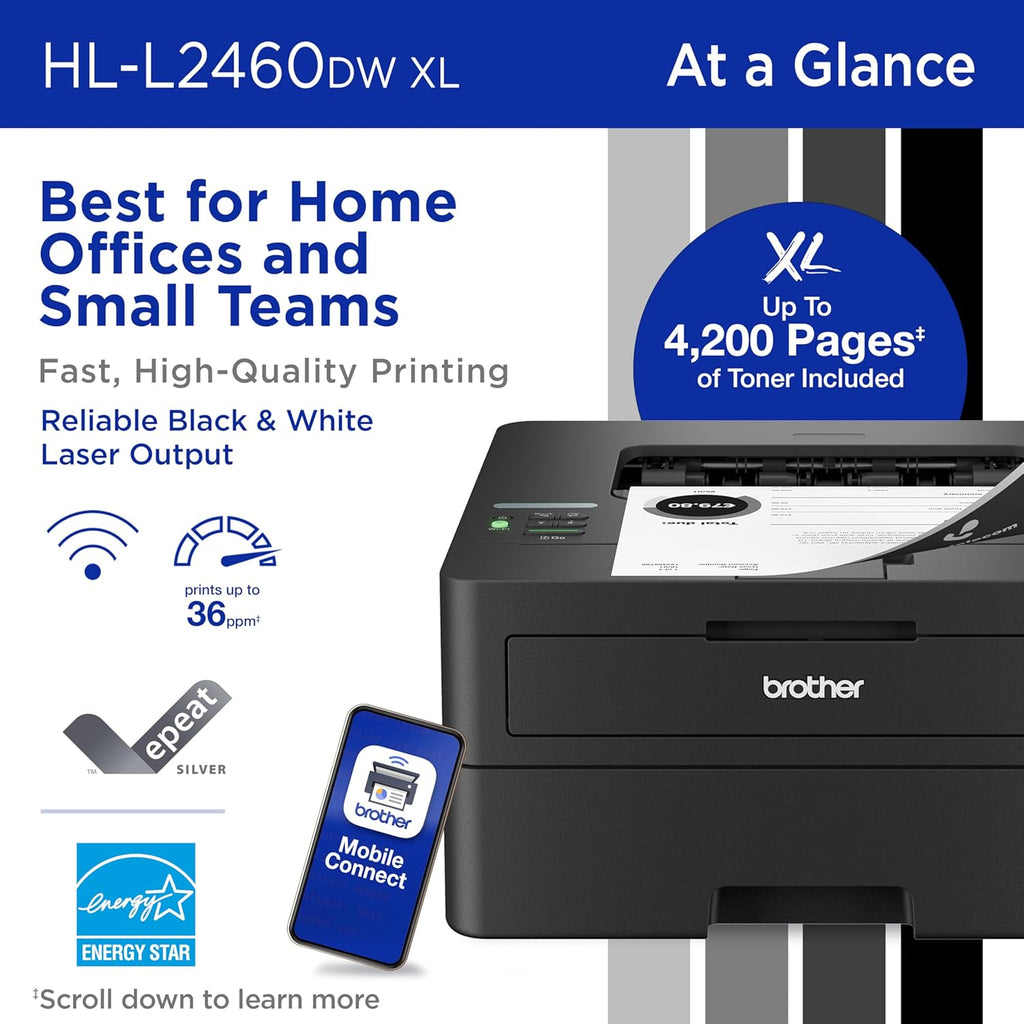 Brother HL-L2460DWW XL Wireless Compact Monochrome Printer with Duplex Copy & Scan, Fax, Black & White | Up to 4,200 Pages of Toner Included(1), Works with Alexa