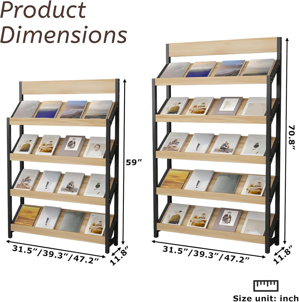 Magazine Rack Floor, 4/5-Tier Floor Magazine Rack, Sturdy Carbon Steel & Wood Literature Display Stand, Space-Saving Vertical Design,Literature Rack for Living Room, Coffee Shop, Office, School