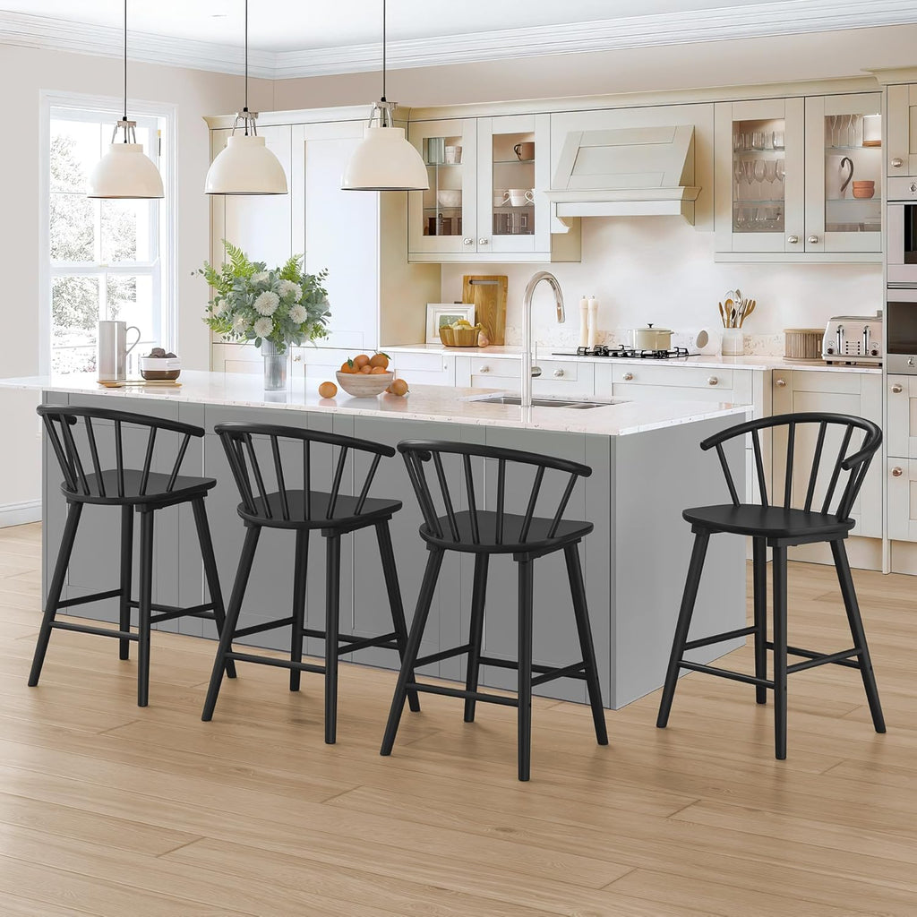 LUE BONA Bar Stools Set of 4, Black Farmhouse Barstools with Semicircular Backrest, Mid Century Modern Counter Height Bar Stools for Kitchen Island, 24 Inch
