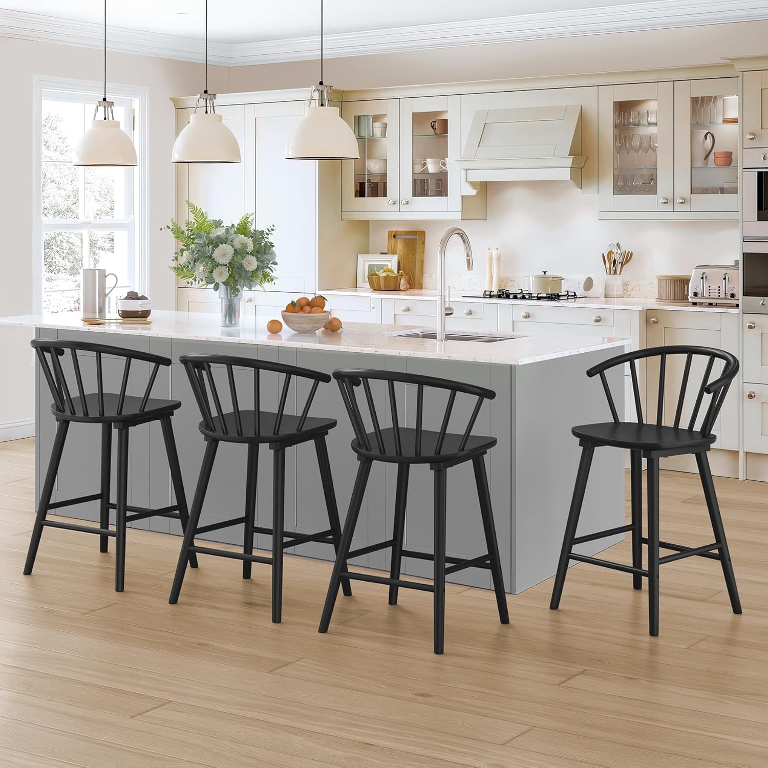 LUE BONA Bar Stools Set of 4, Black Farmhouse Barstools with Semicircular Backrest, Mid Century Modern Counter Height Bar Stools for Kitchen Island, 24 Inch