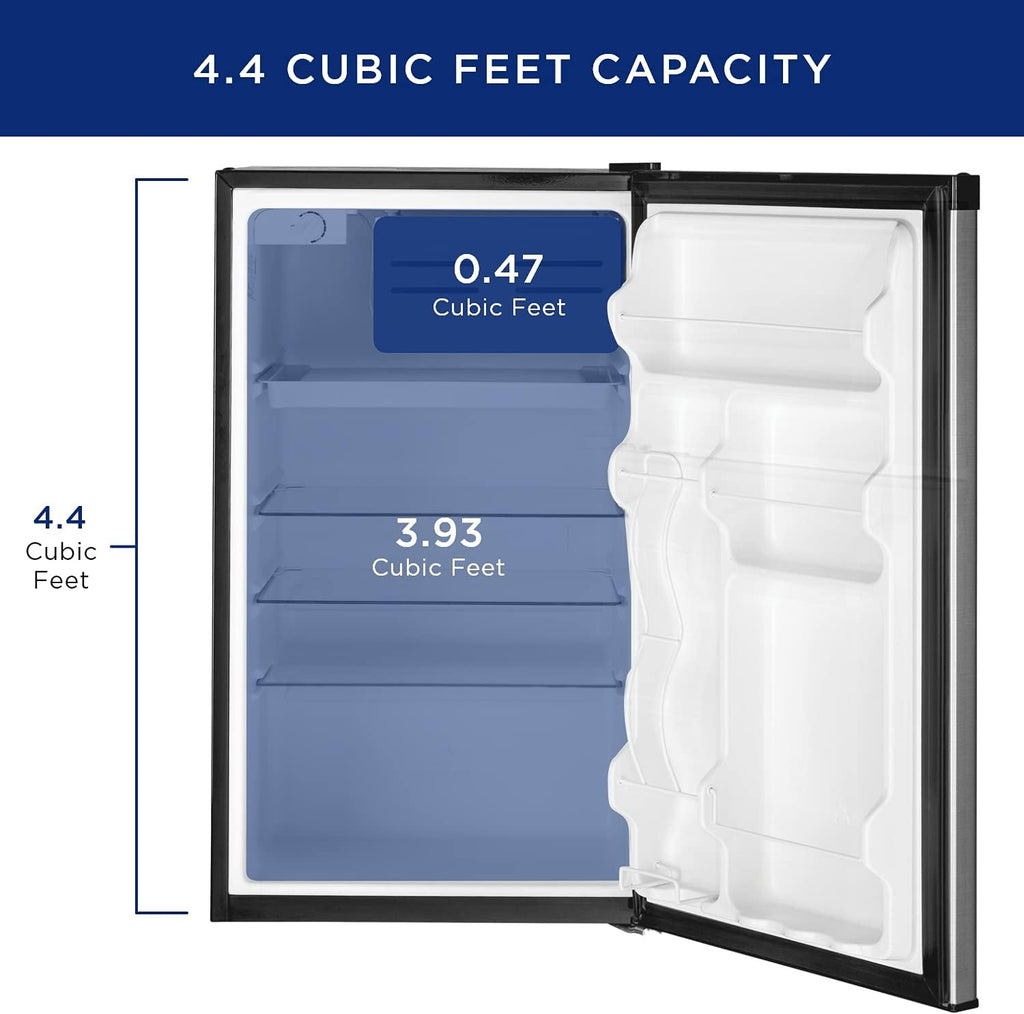 GE Mini Fridge With Freezer | 4.4 Cubic Ft. | Single-Door Design With Glass Shelves, In-Door Can Rack & Small Freezer | Small Refrigerator Perfect for the Garage, Dorm Room, or Bedroom | Clean Steel